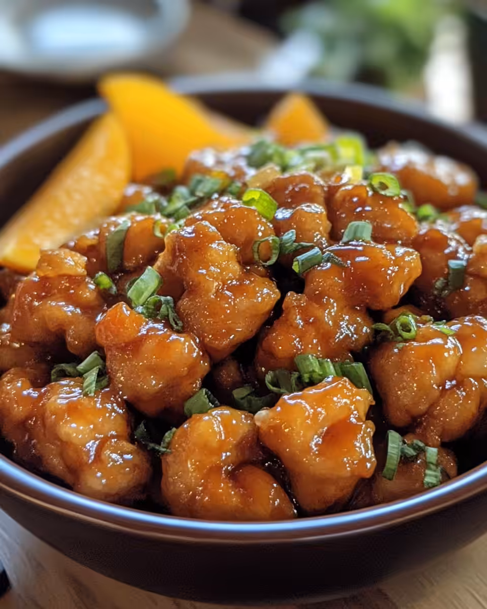 Golden orange chicken served and ready to eat