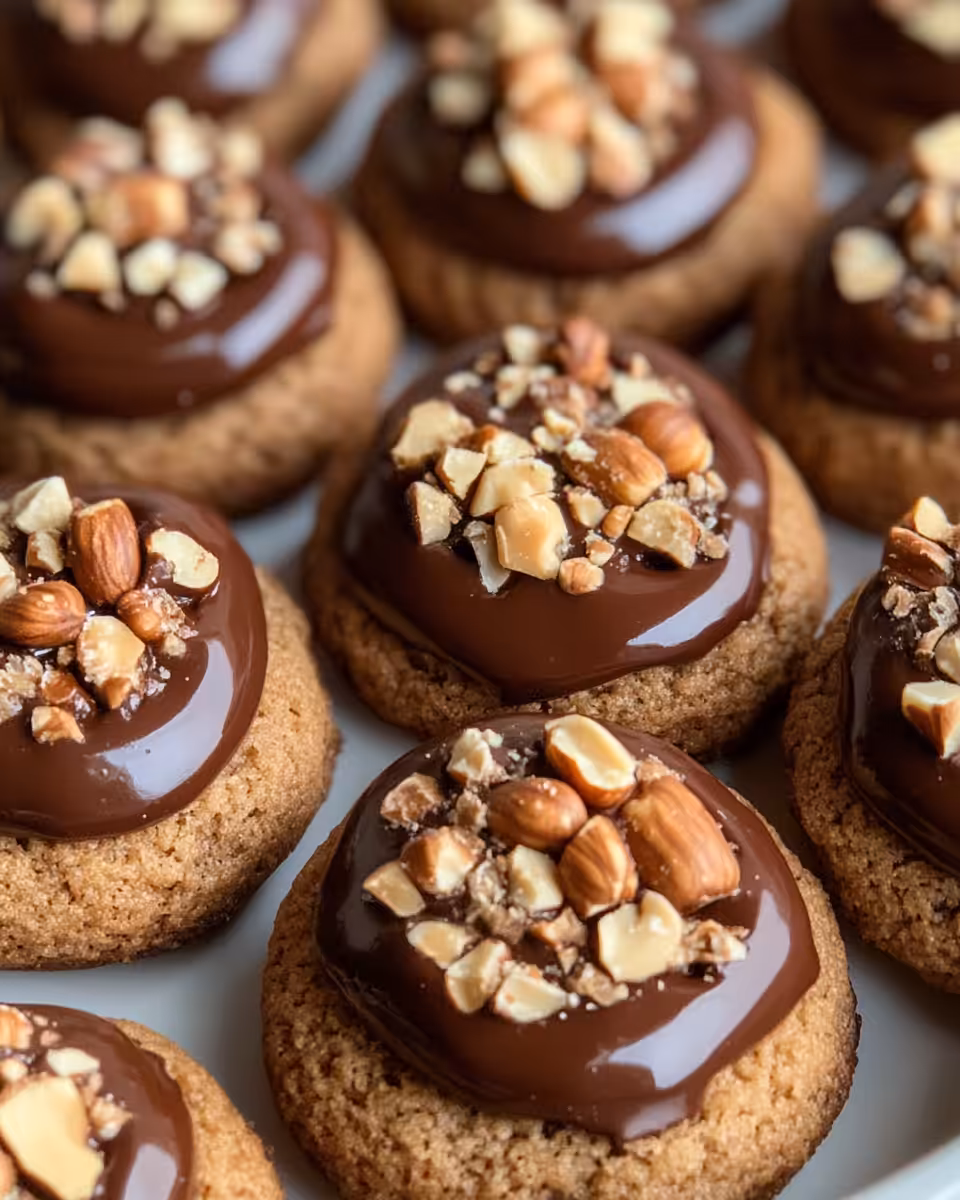 Plated chocolate hazelnut thumbprint cookies ready to enjoy