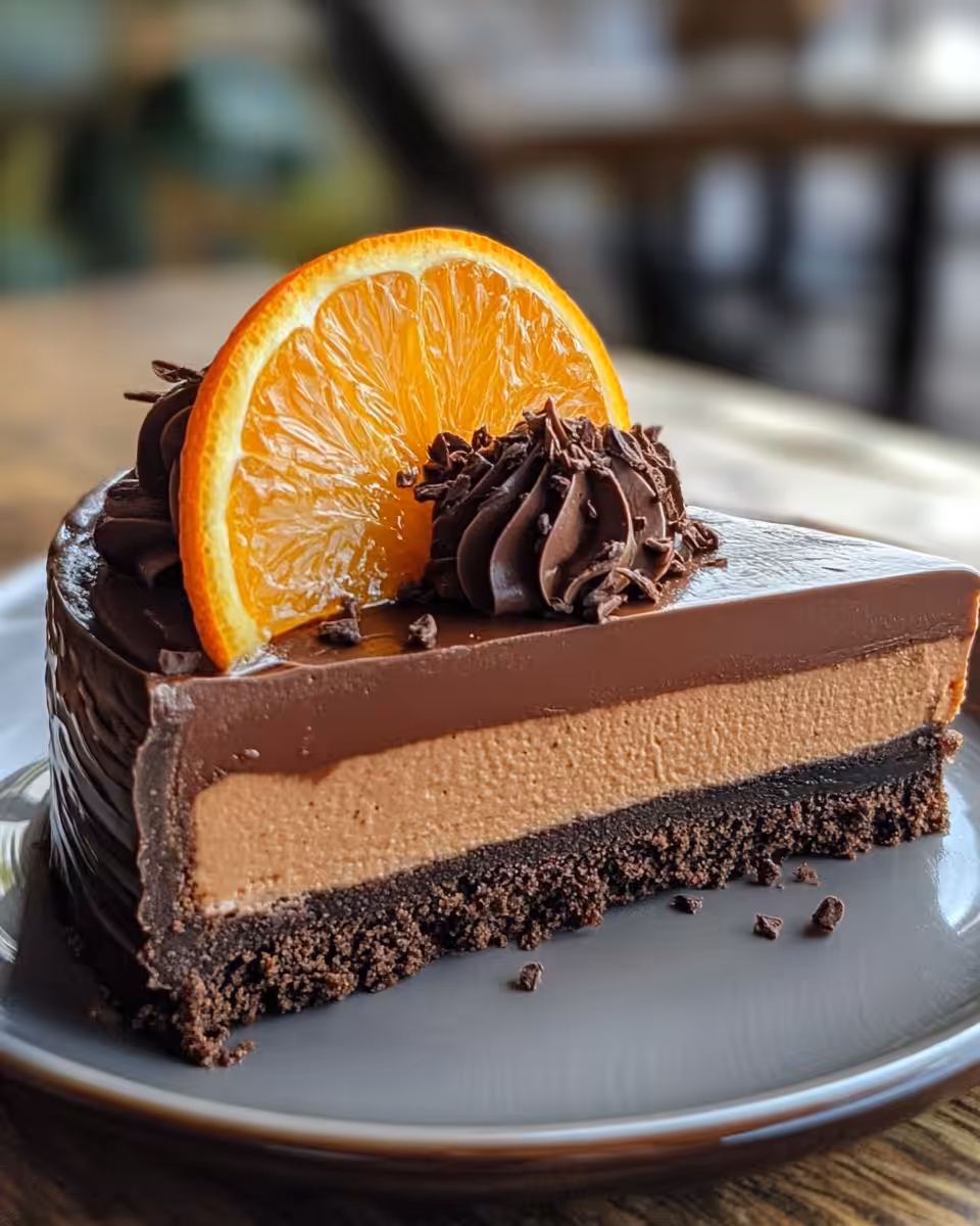 Finished chocolate orange cheesecake served with mint and orange slices on plate