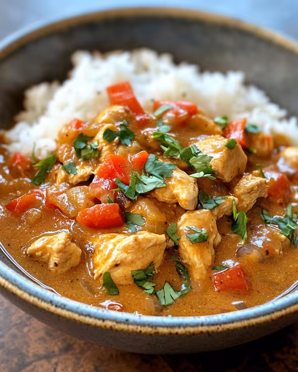 Finished served crawfish étouffée over white rice garnished with scallions
