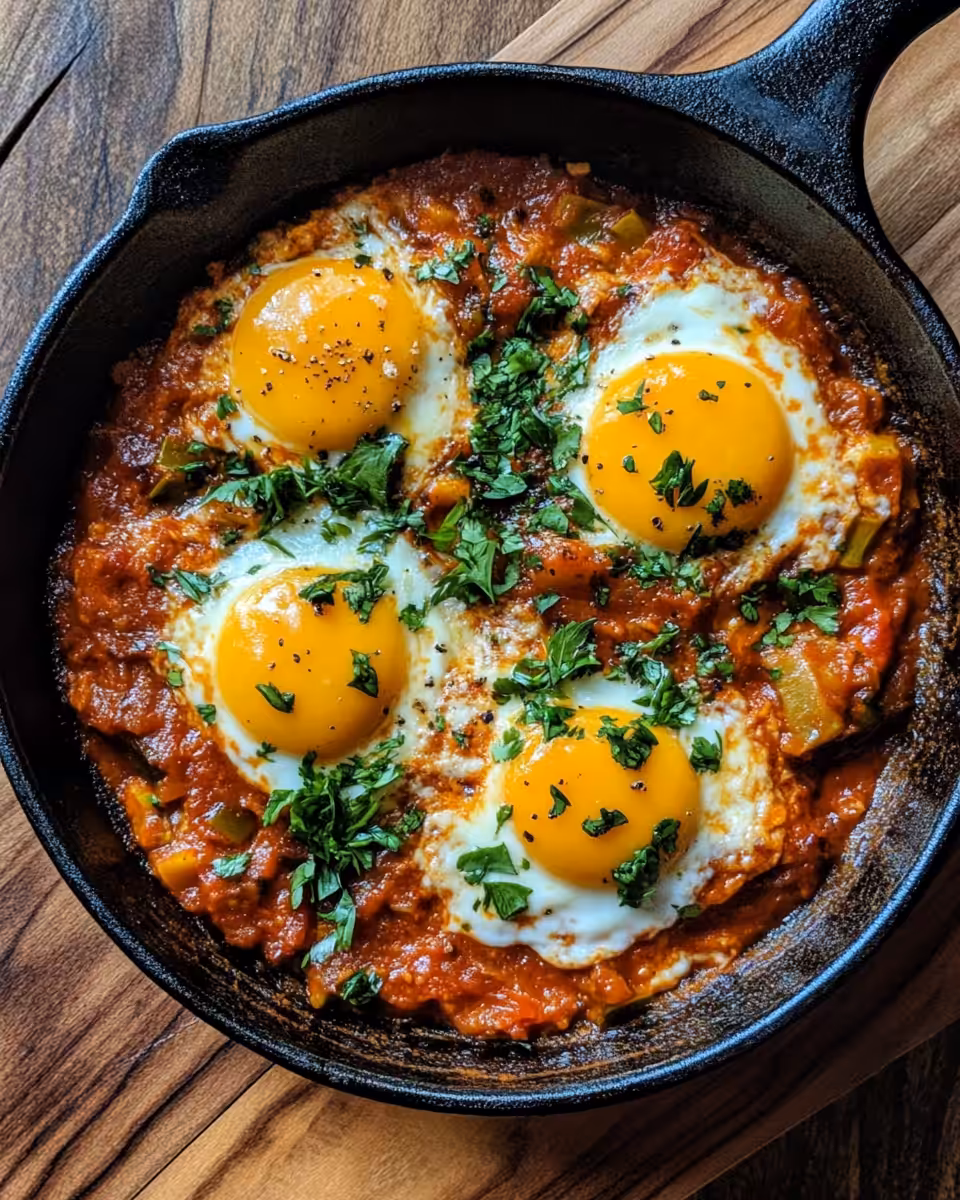Cooked shakshuka with eggs garnished with fresh herbs in a white skillet