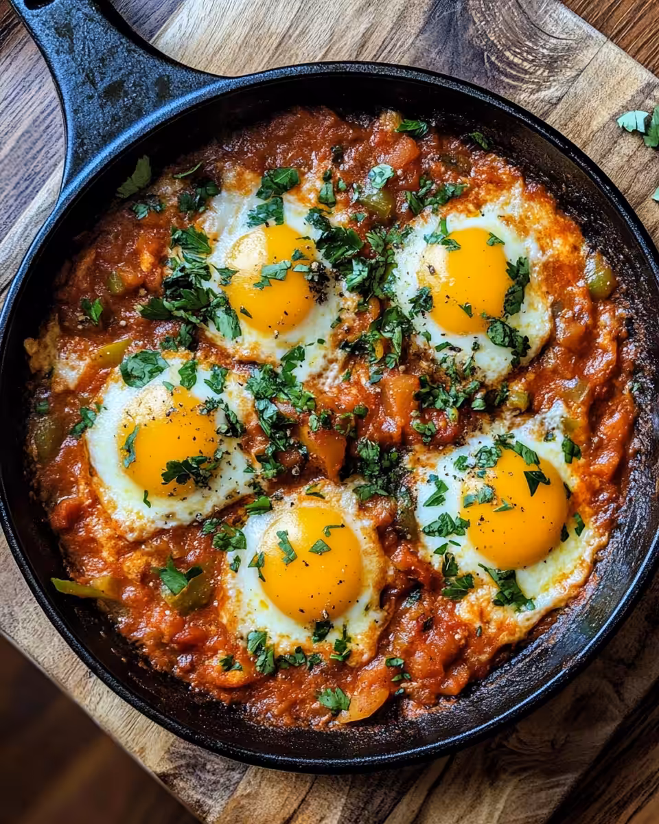 Classic shakshuka in pressure cooker with bubbling tomato sauce and eggs