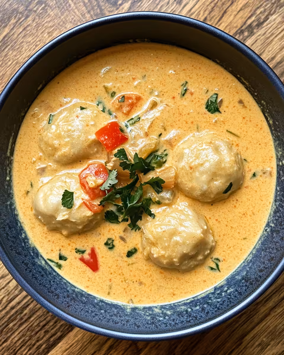 Final served bowl of coconut curry soup with gyozas and fresh garnishes