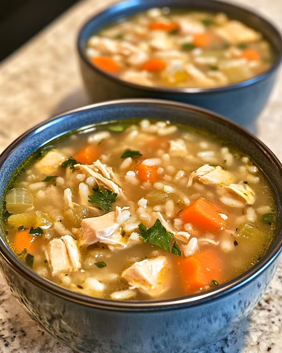 Finished serving of hearty chicken and rice soup garnished with fresh parsley