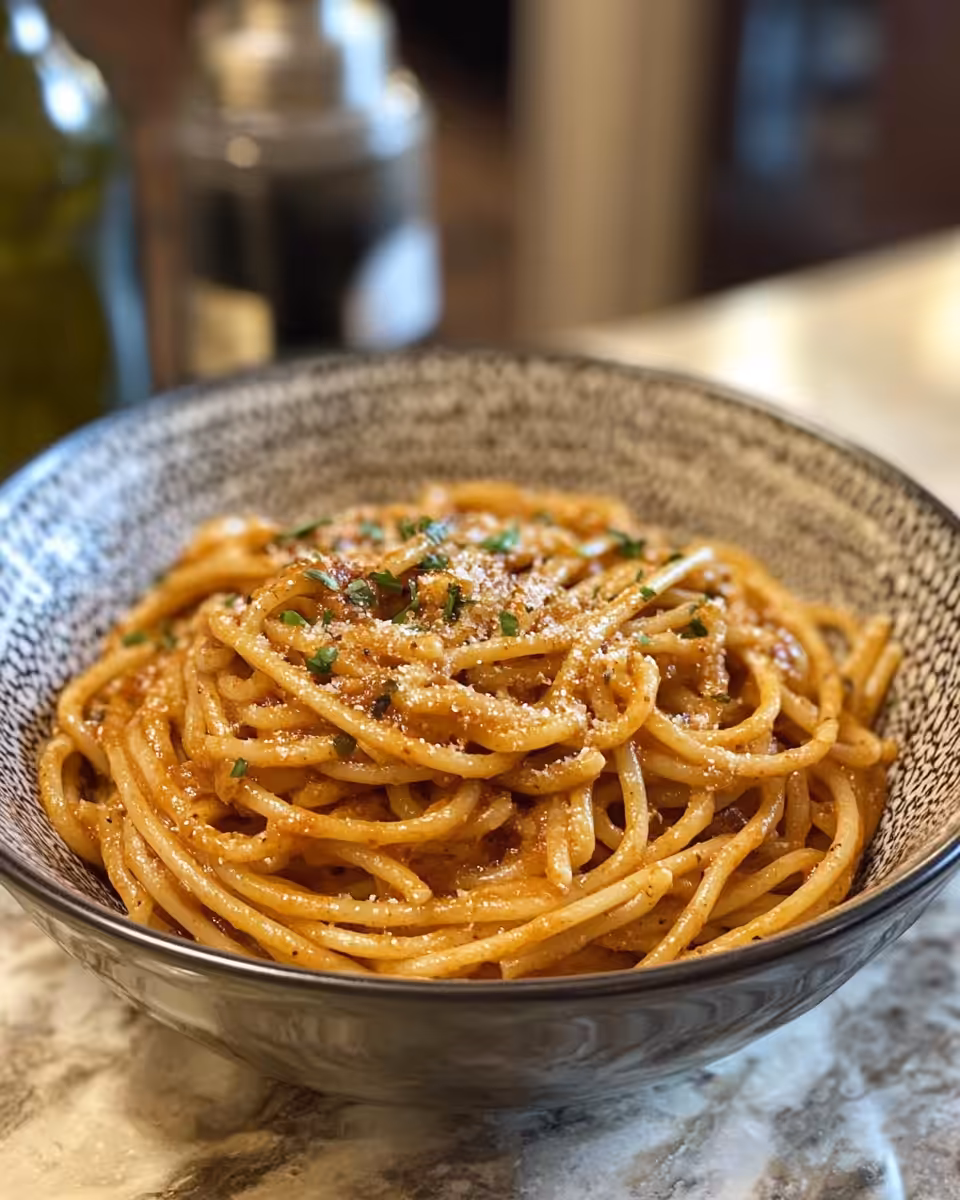 Cooking creamy spicy pasta in skillet with steam visible