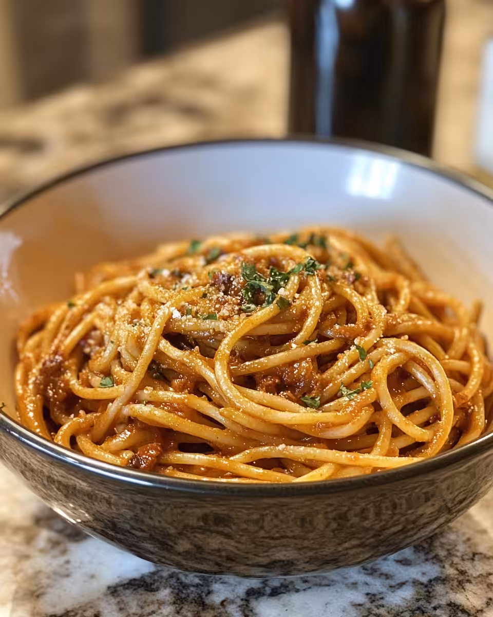 Delicious plated spicy pasta with garnish ready to eat