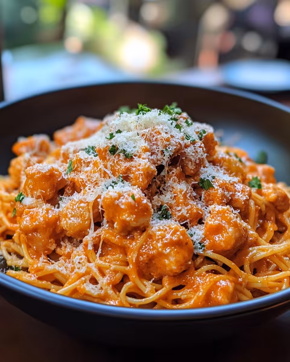 Served cowboy butter chicken linguine with lemon and parsley garnish