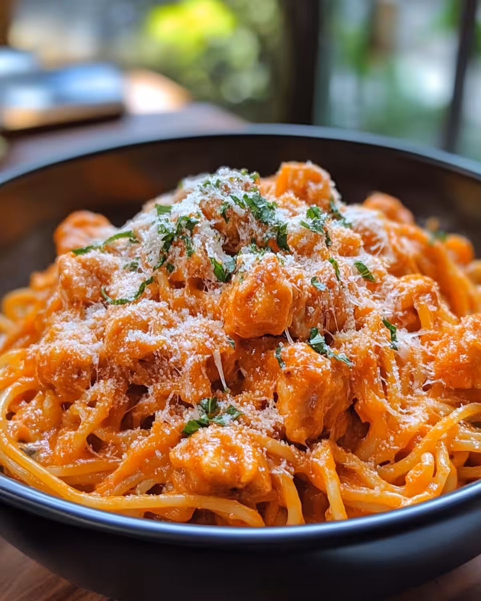 Golden chicken bites in cowboy butter sauce with linguine
