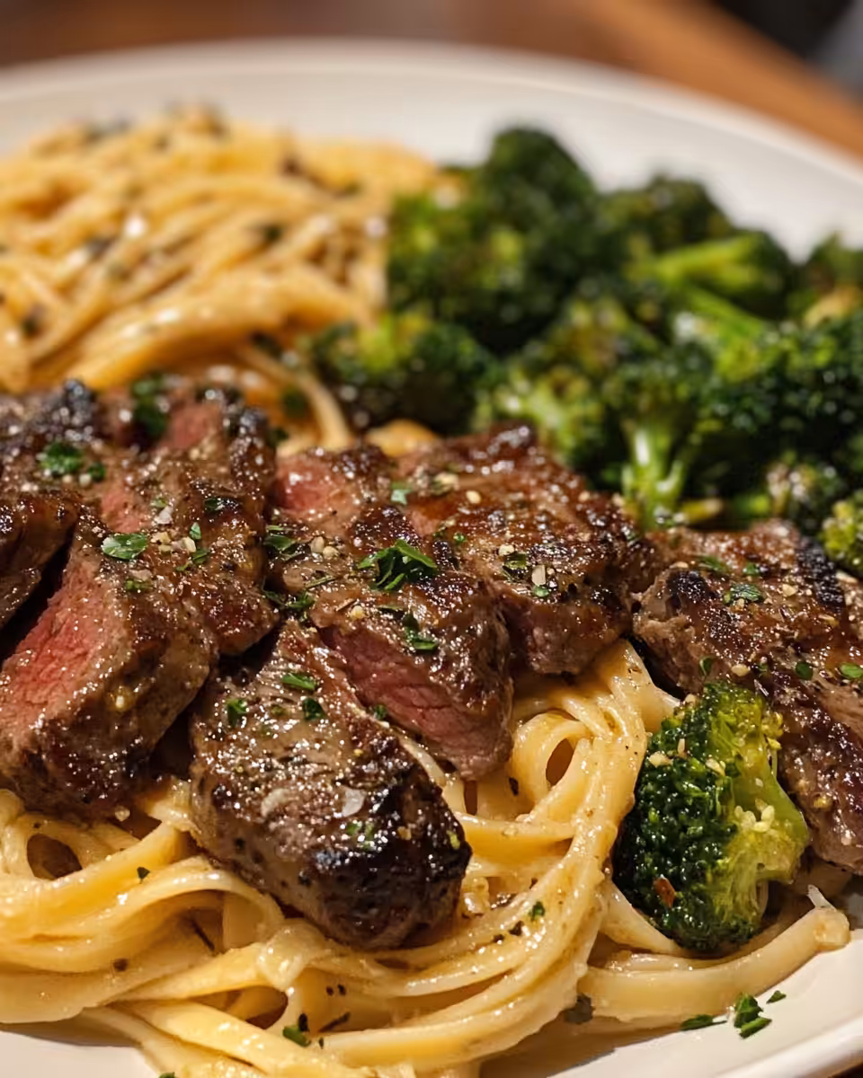 Serving of Cowboy Butter Spaghetti topped with sliced steak and parsley garnish