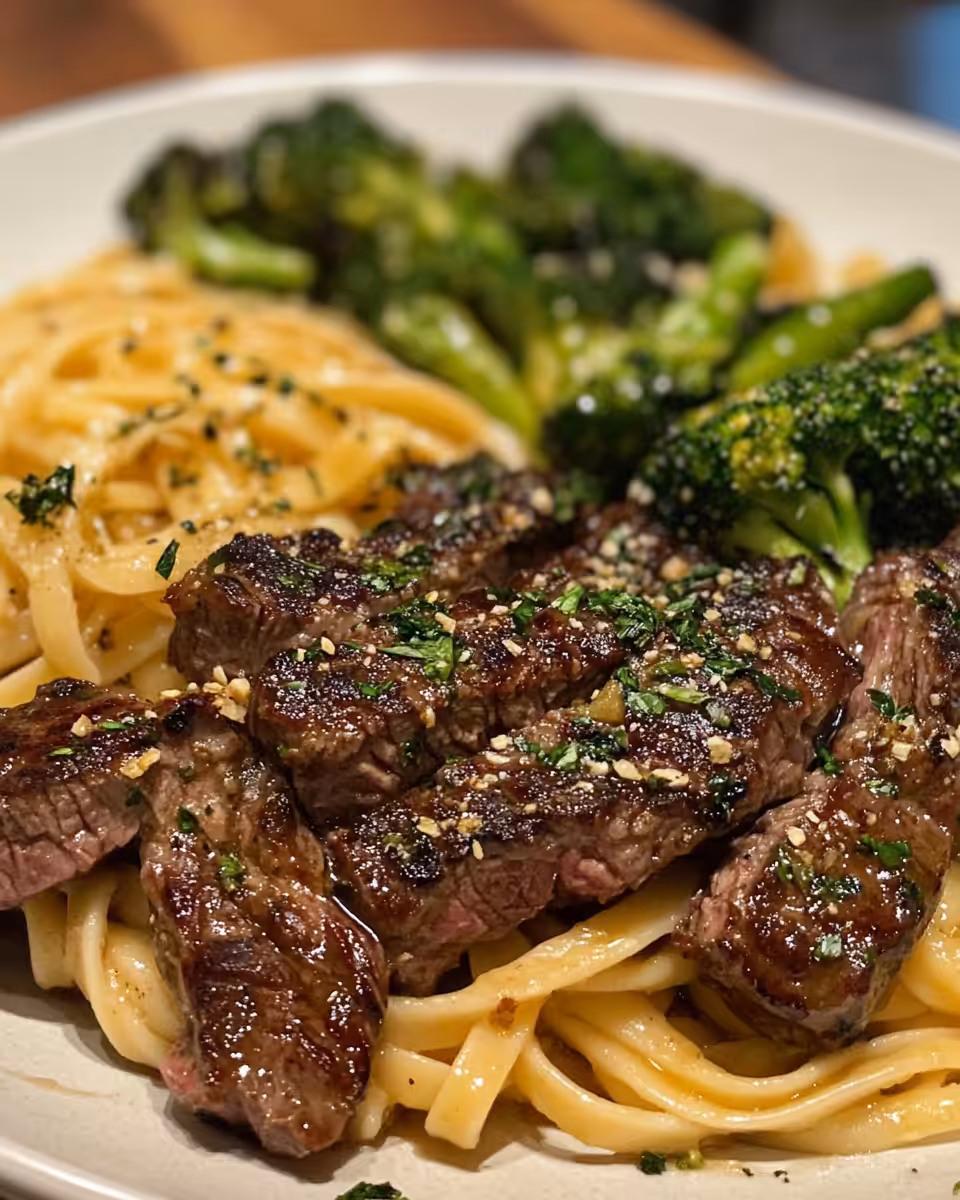 Cowboy Butter Spaghetti sizzling in pressure cooker with steak and broccoli