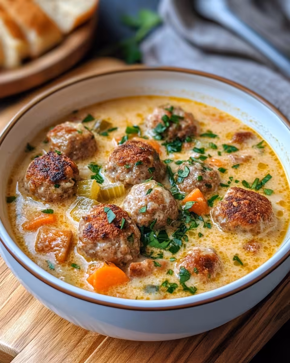 Delicious Swedish meatball soup served in a bowl ready to eat