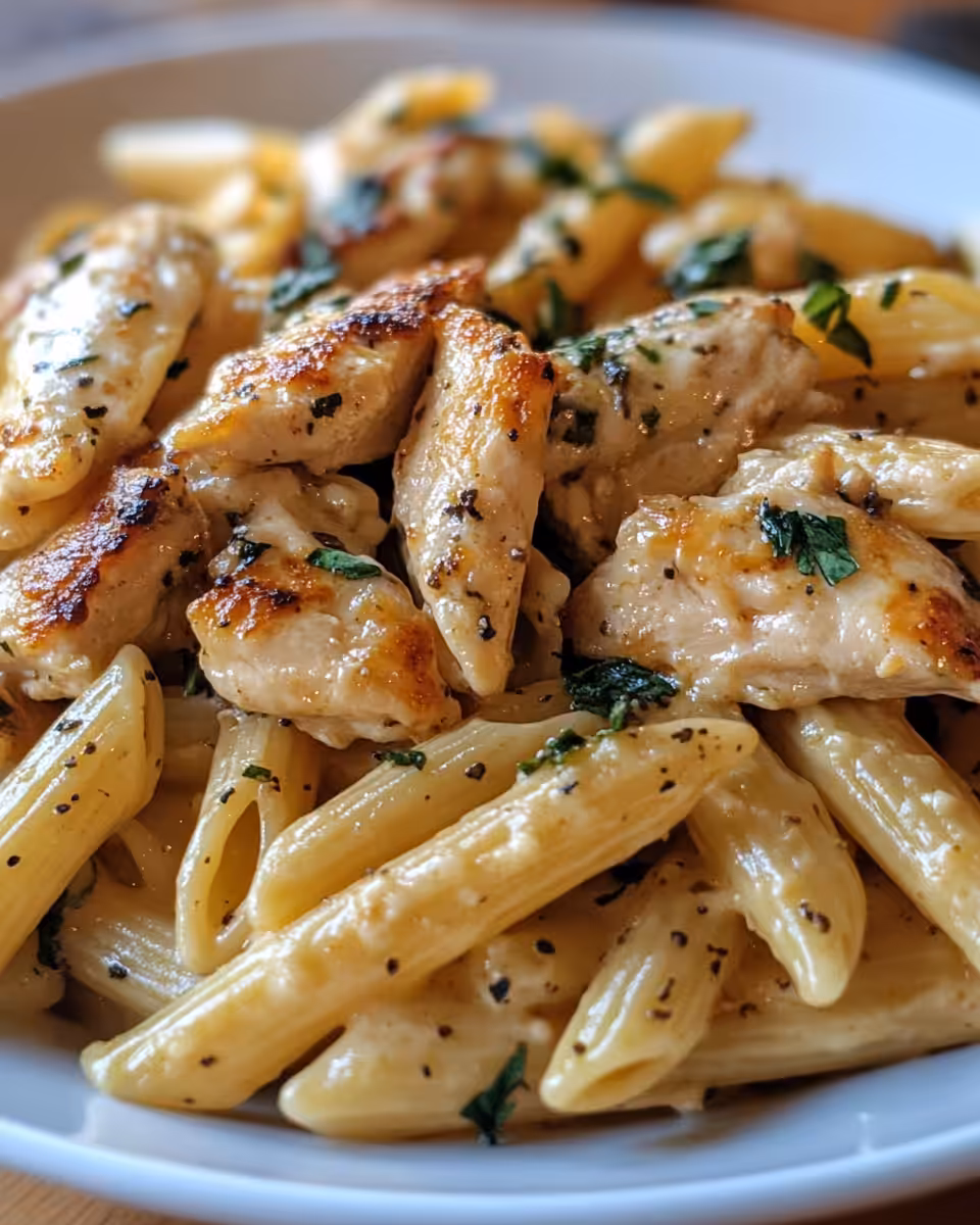Ingredients assembled for creamy chicken penne in a bowl