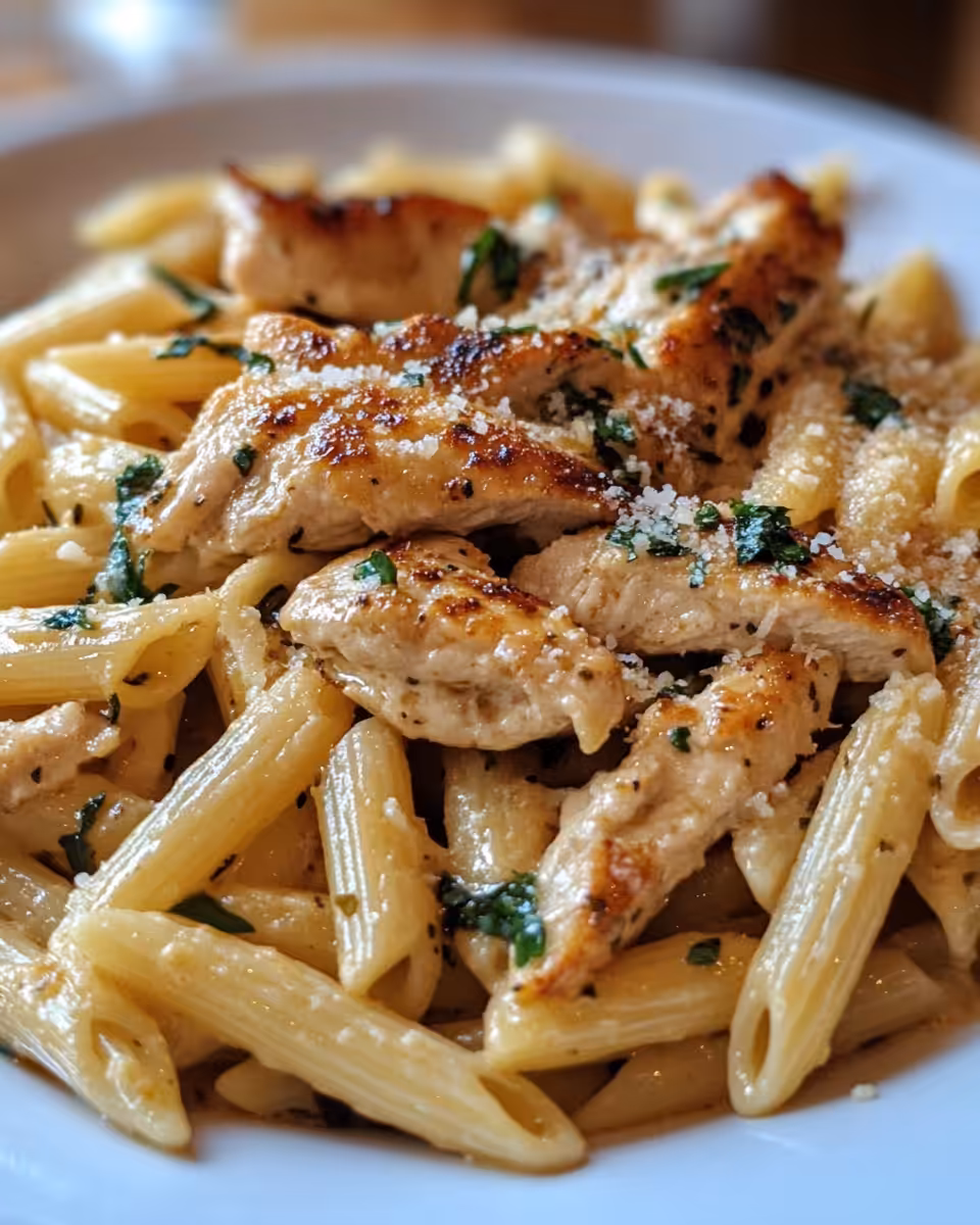 Close-up of creamy chicken penne ready to serve on plate