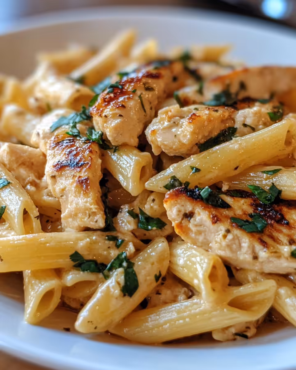 Creamy chicken penne with bacon and spices steaming in pot