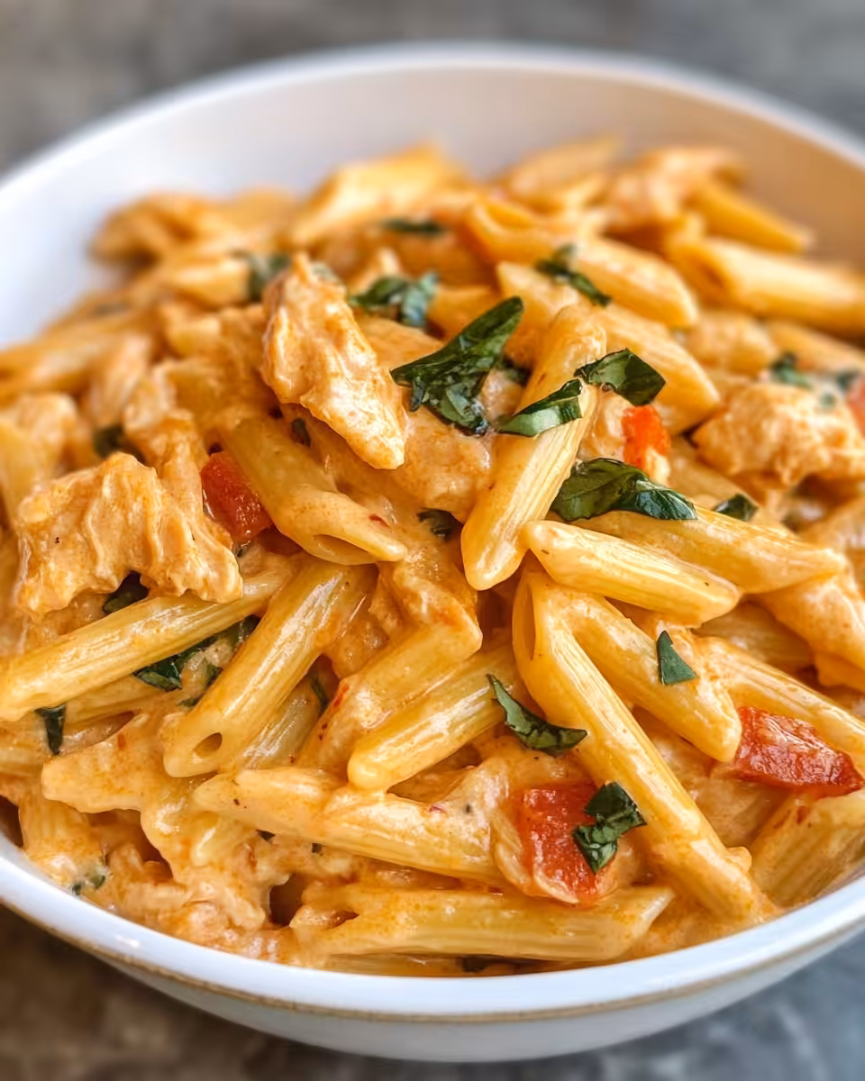 Final creamy crack chicken penne served with parmesan and parsley garnish