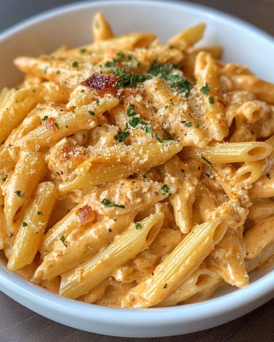 Ingredients for crack chicken pasta with bacon, cheeses, and pasta on a cutting board