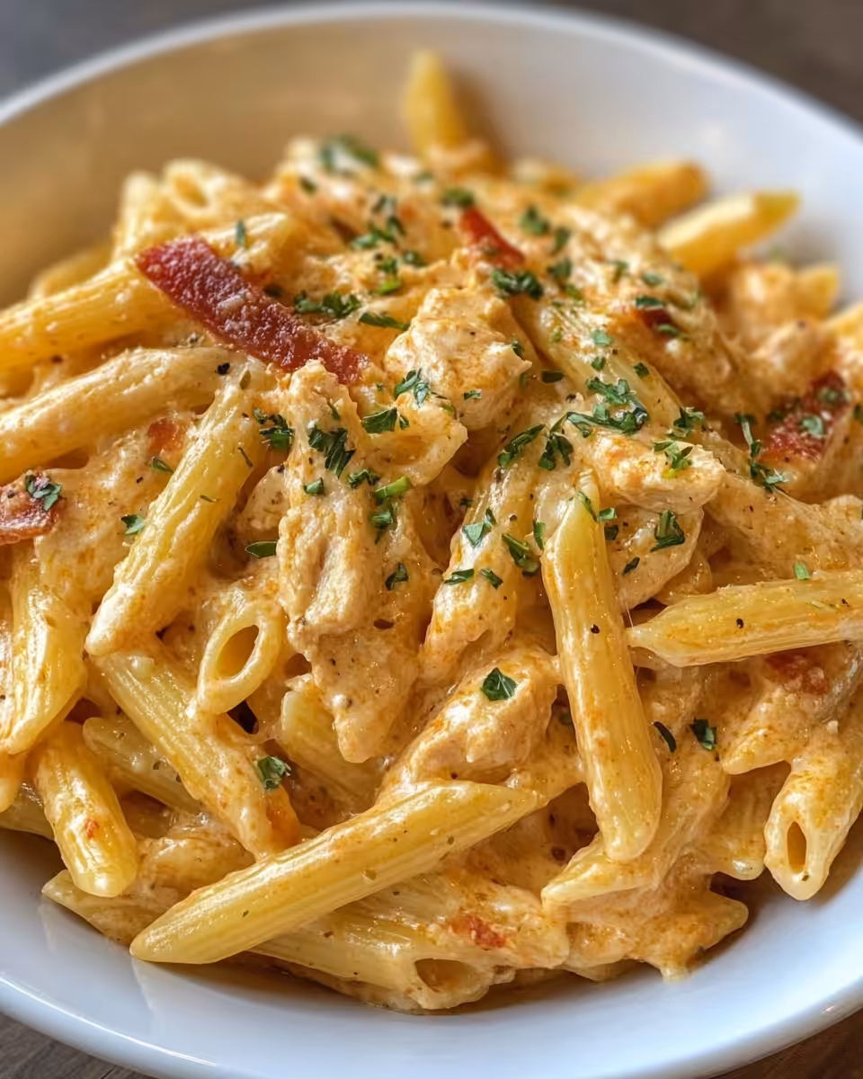 Serving of crack chicken pasta garnished with parsley and melted cheese