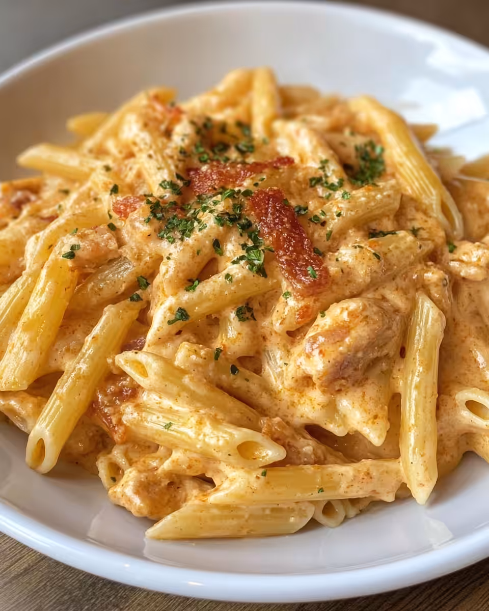 Creamy crack chicken penne pasta in a pressure cooker with cheese and bacon