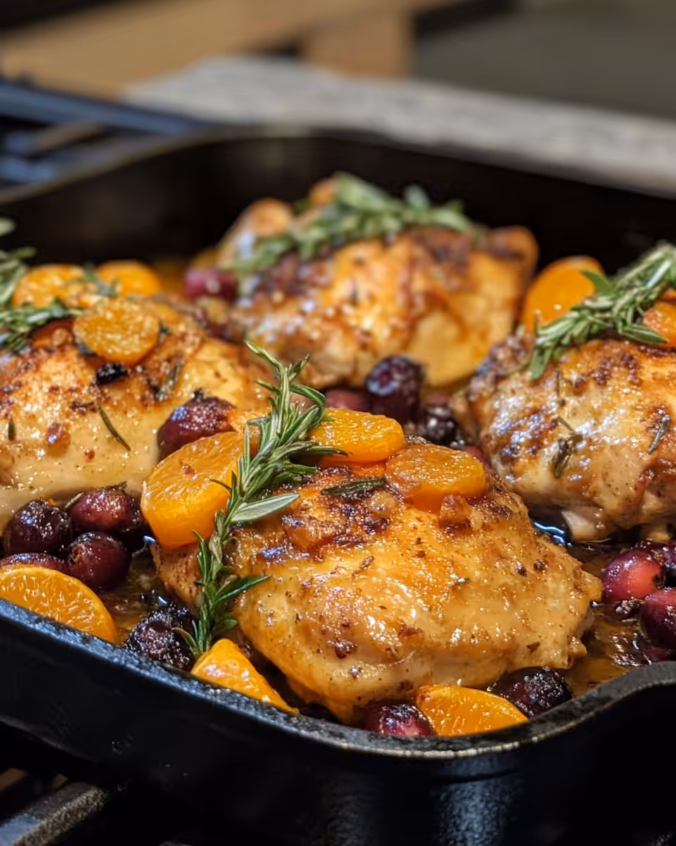 Served cranberry orange chicken on a plate garnished with parsley