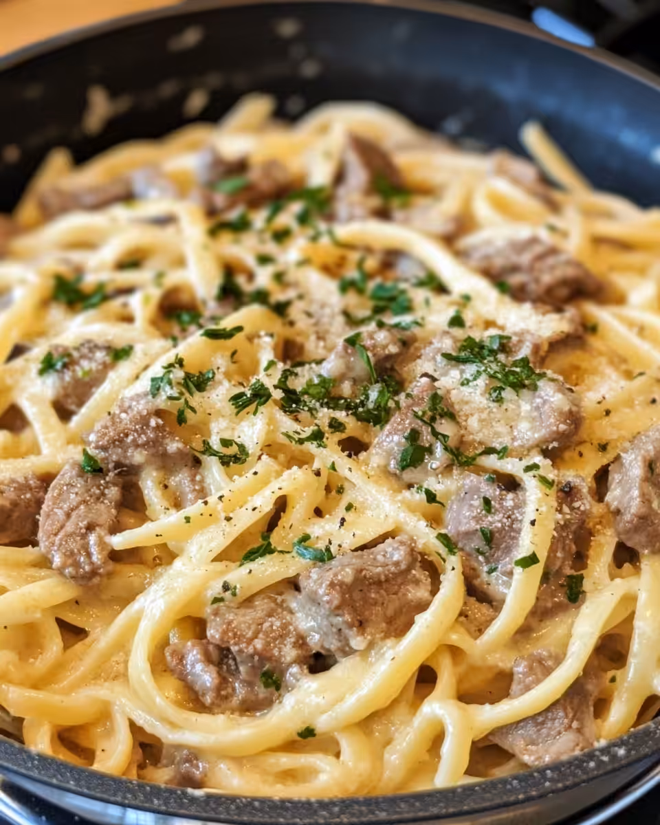 Ingredients laid out for creamy beef and garlic butter pasta recipe