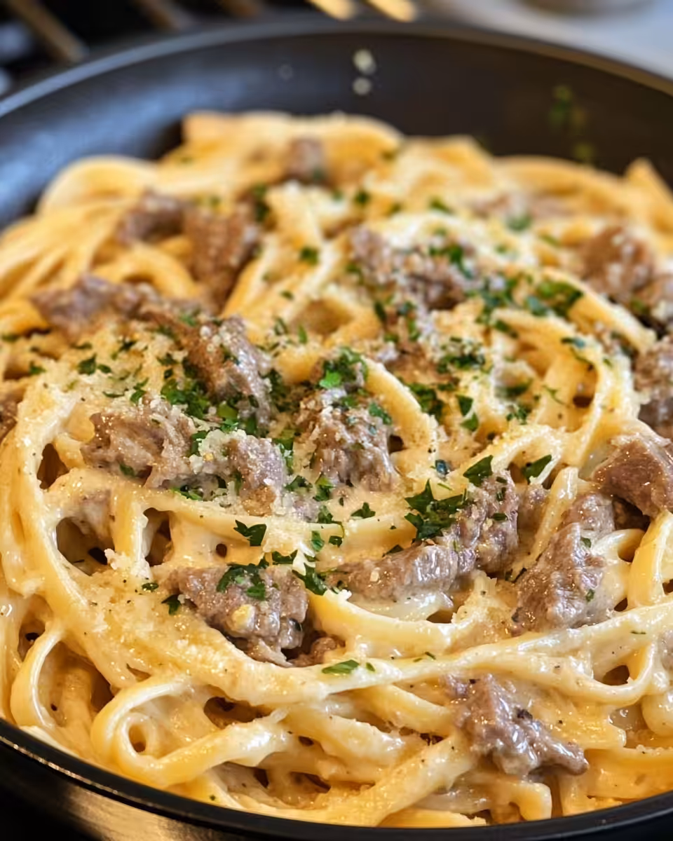 Creamy beef and garlic butter pasta served on a plate with parsley garnish
