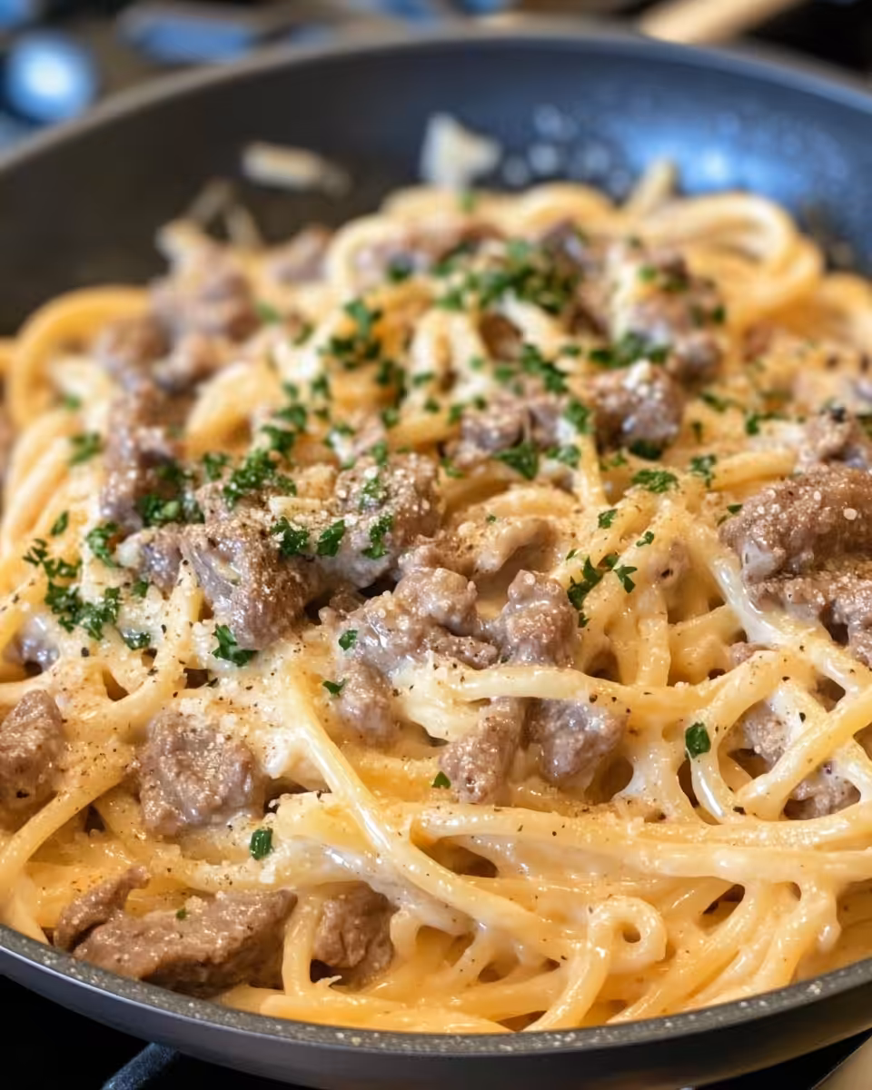 Close-up of creamy beef and garlic butter pasta