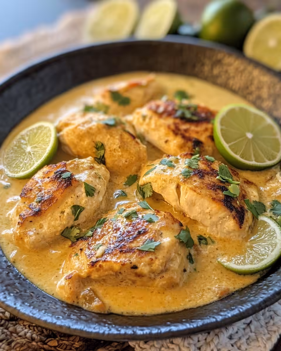 Finished creamy coconut lime chicken served with fresh cilantro garnish