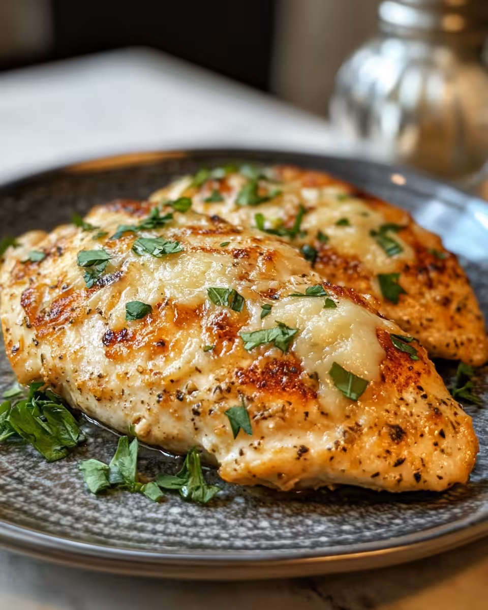 Creamy garlic parmesan chicken plated and ready to serve