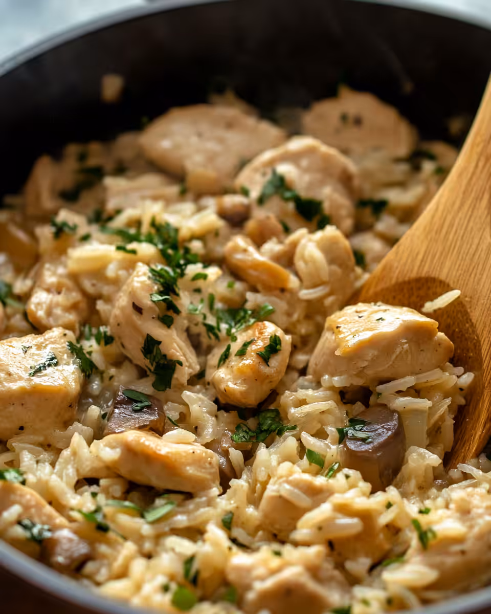 Ingredients and cooking process of creamy herb chicken and basmati rice in a skillet