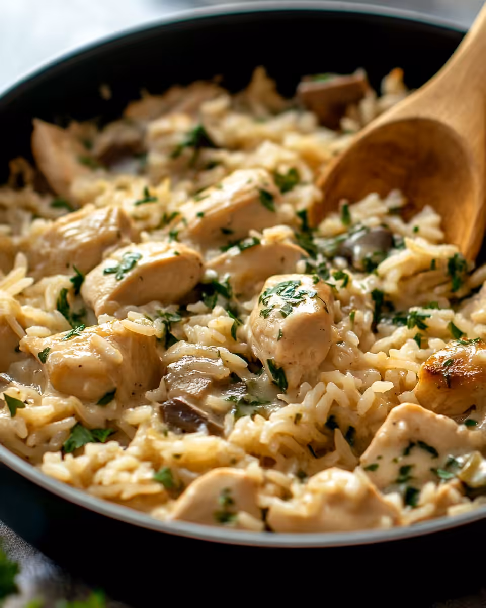 Close-up of plated creamy herb chicken and basmati rice, ready to serve