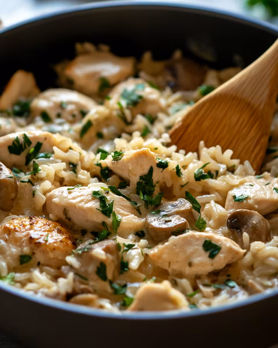 A pot of creamy herb chicken and basmati rice cooked in one pan