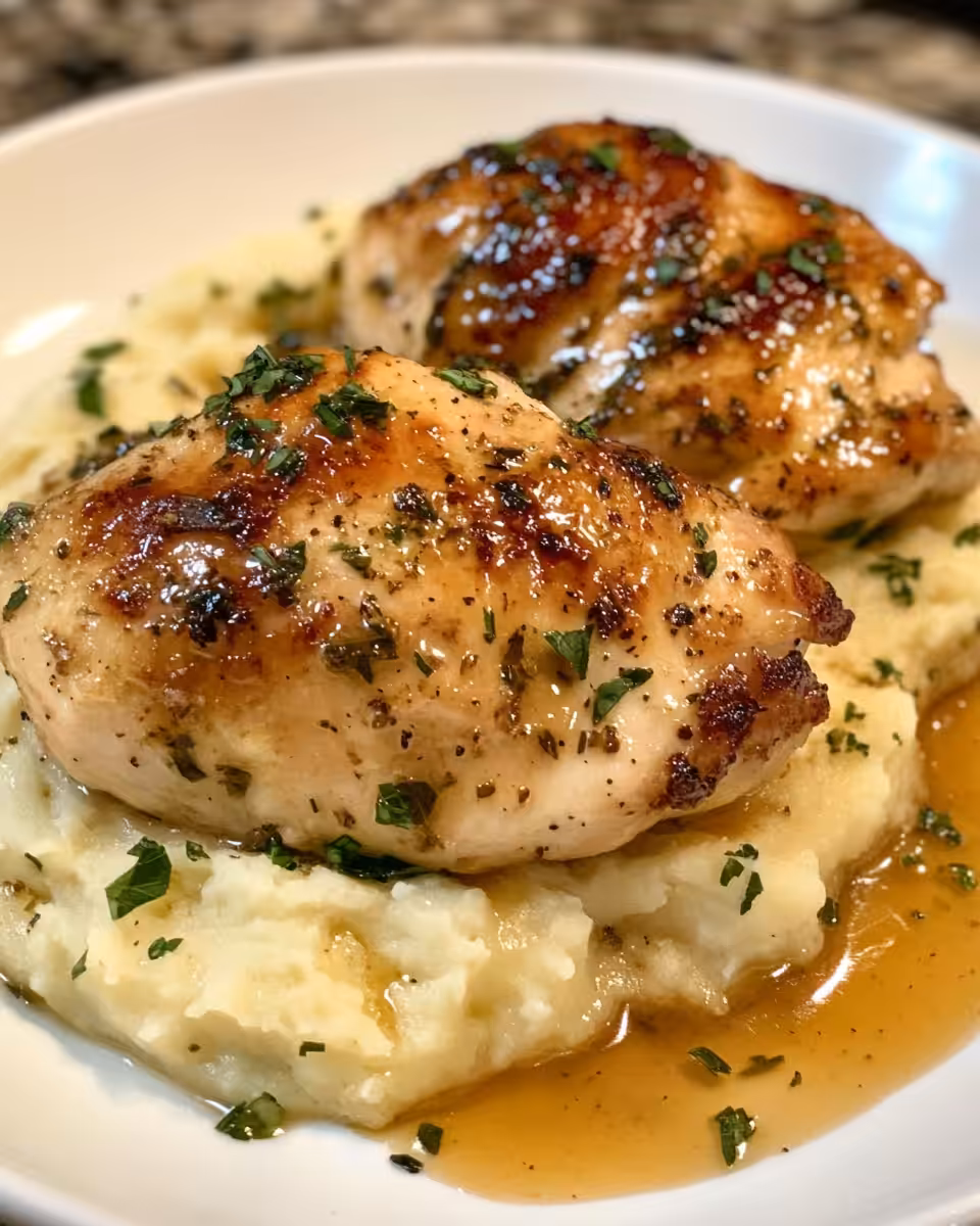 Finished creamy lemon herb chicken served with lemon wedges and fresh parsley
