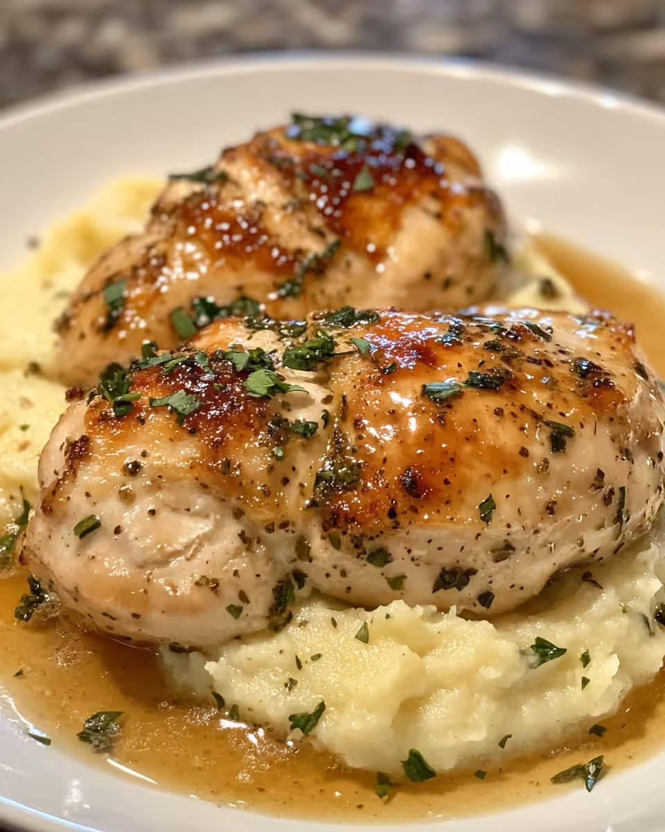 Creamy lemon herb chicken in skillet showing rich sauce and vibrant herbs