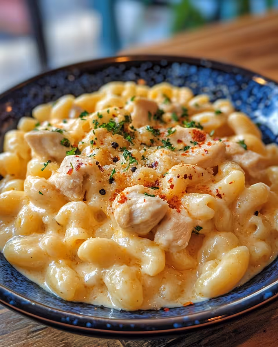 Serving creamy honey pepper chicken mac and cheese on plate