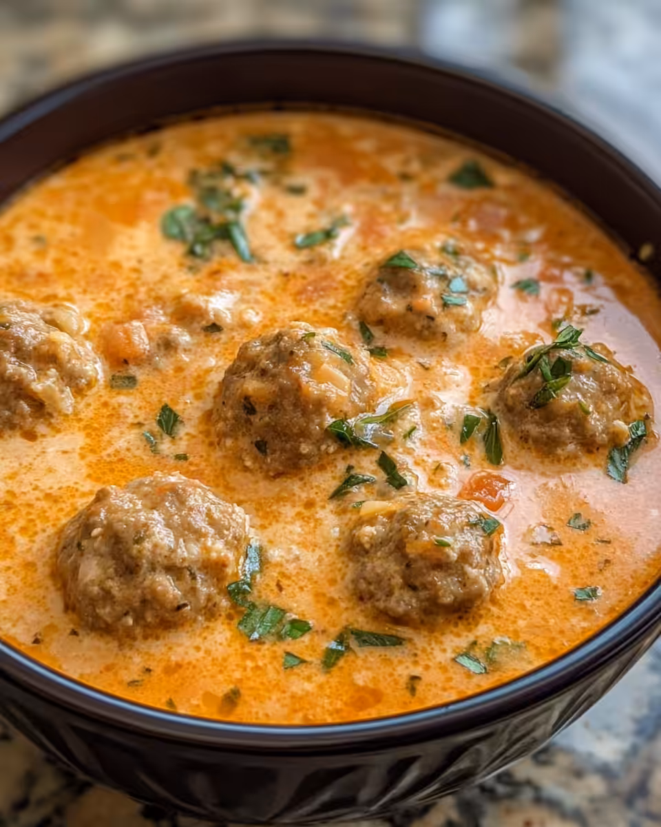 Serving bowl of creamy Italian meatball soup topped with parsley and Parmesan cheese