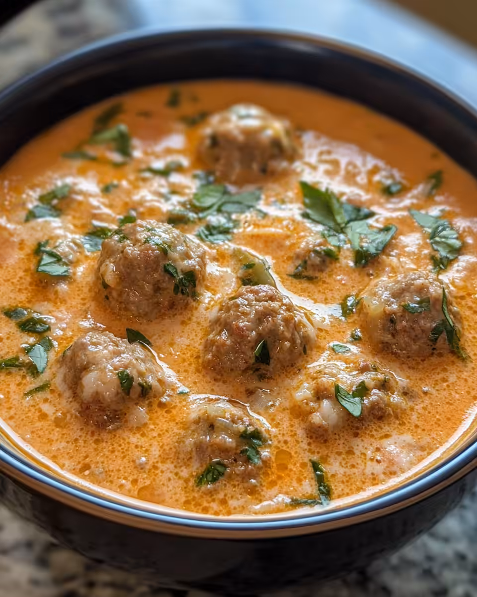 Creamy Italian Meatball Soup simmering in pressure cooker, steam rising