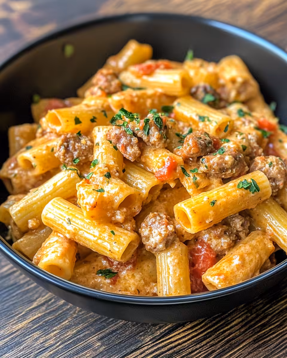 Fresh ingredients including Italian sausage, spinach, and rigatoni pasta