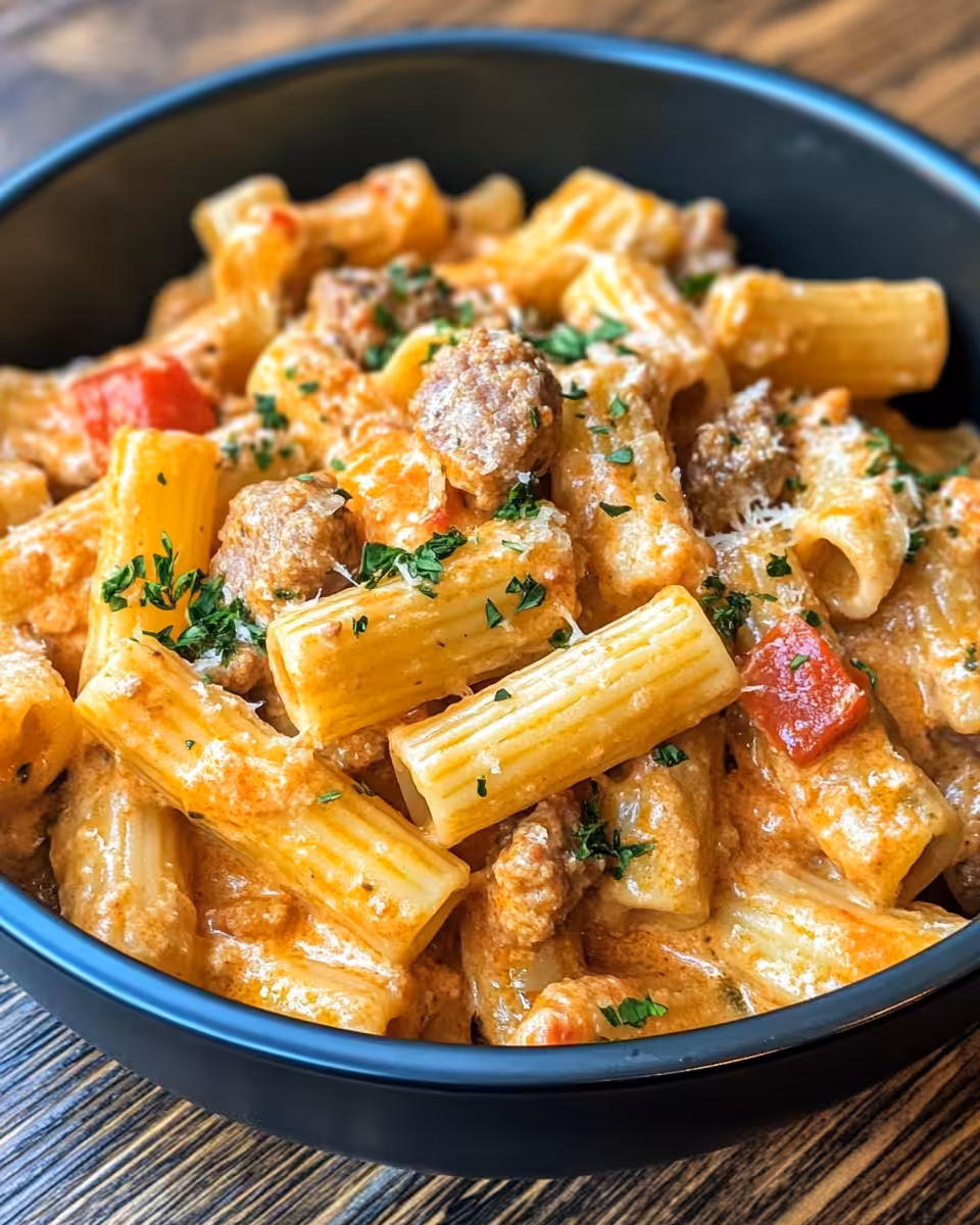 Serving creamy Italian sausage rigatoni plated with fresh spinach garnish