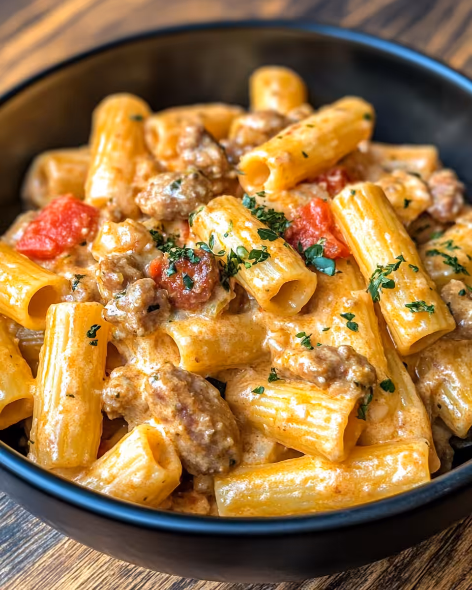 Creamy Italian sausage rigatoni bubbling in pot, ready to serve