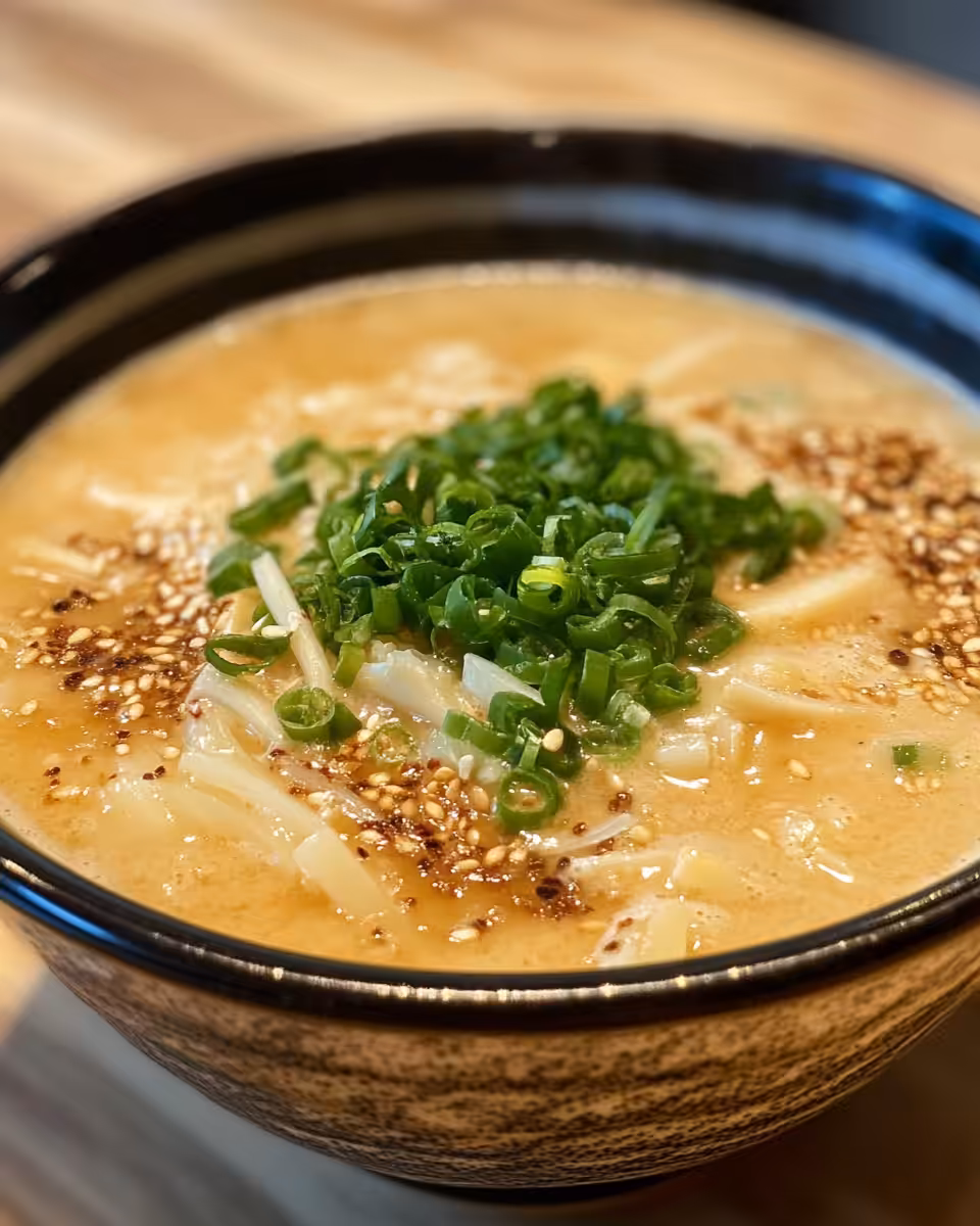 Ingredients for creamy miso udon soup including mushrooms and noodles