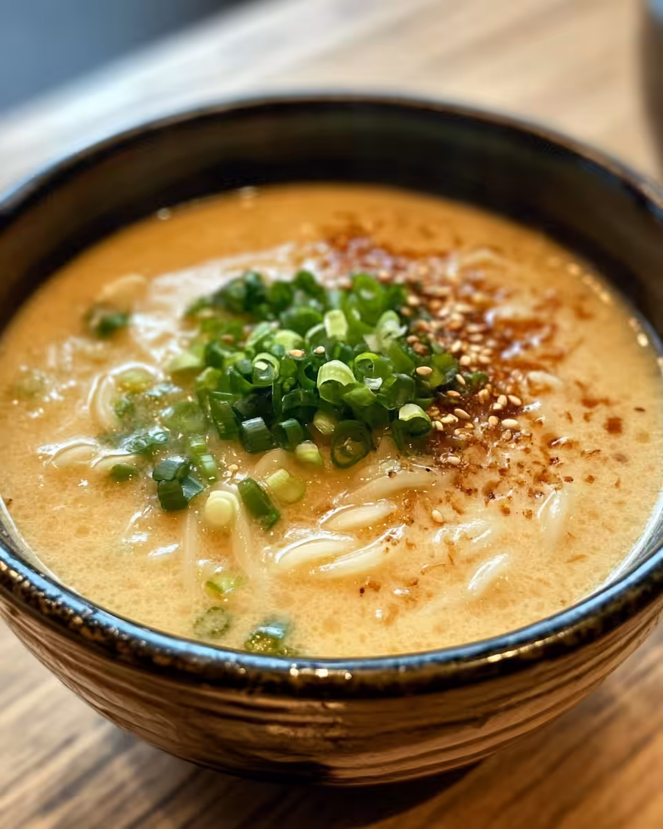 Bowl of creamy miso udon soup topped with roasted mushrooms and scallions