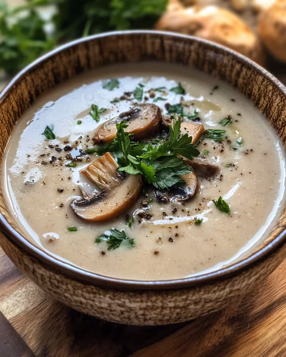 Creamy mushroom soup served with fresh herbs on top