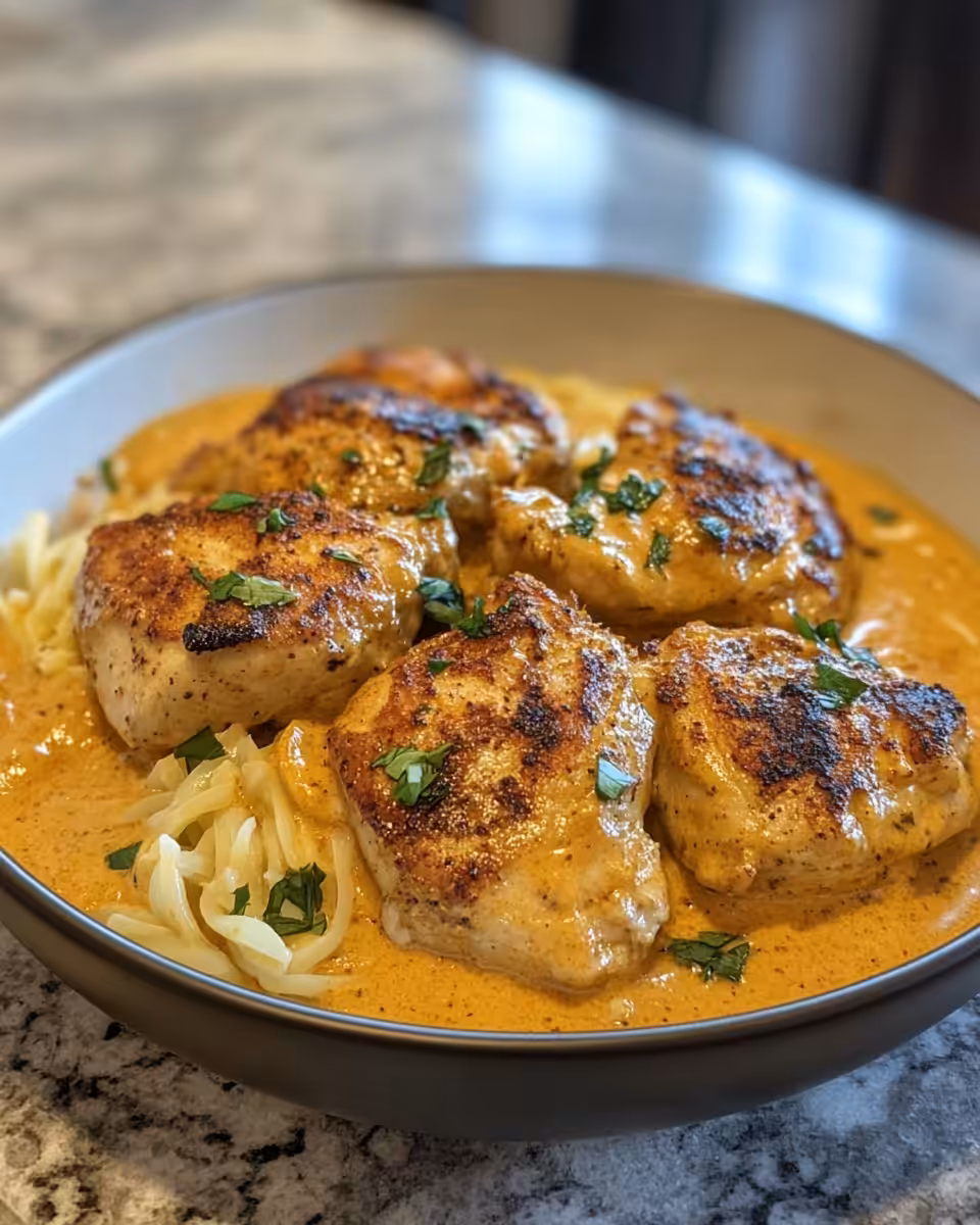 Delicious golden baked creamy paprika chicken served on plate