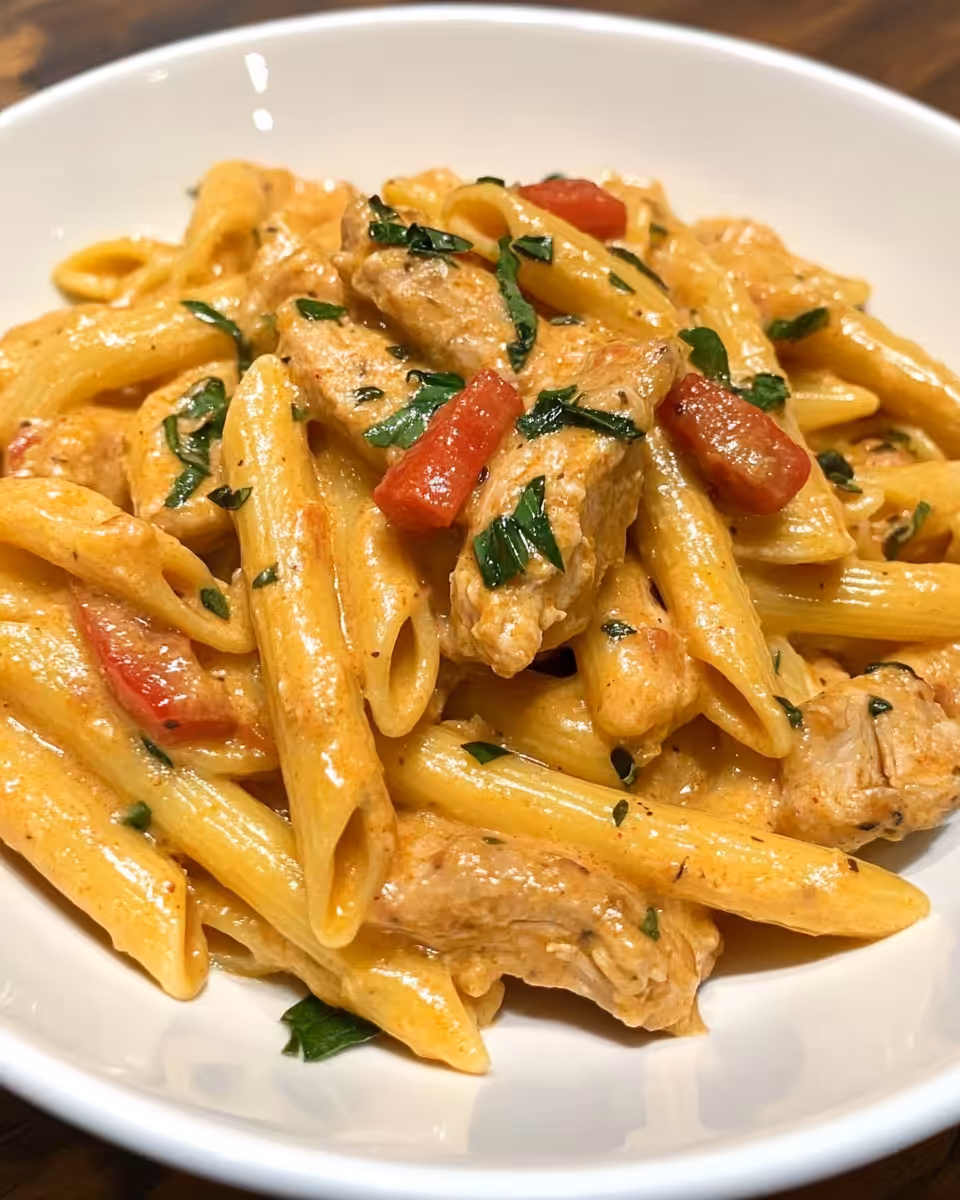 Creamy pepper jack pasta served on plate with garnish