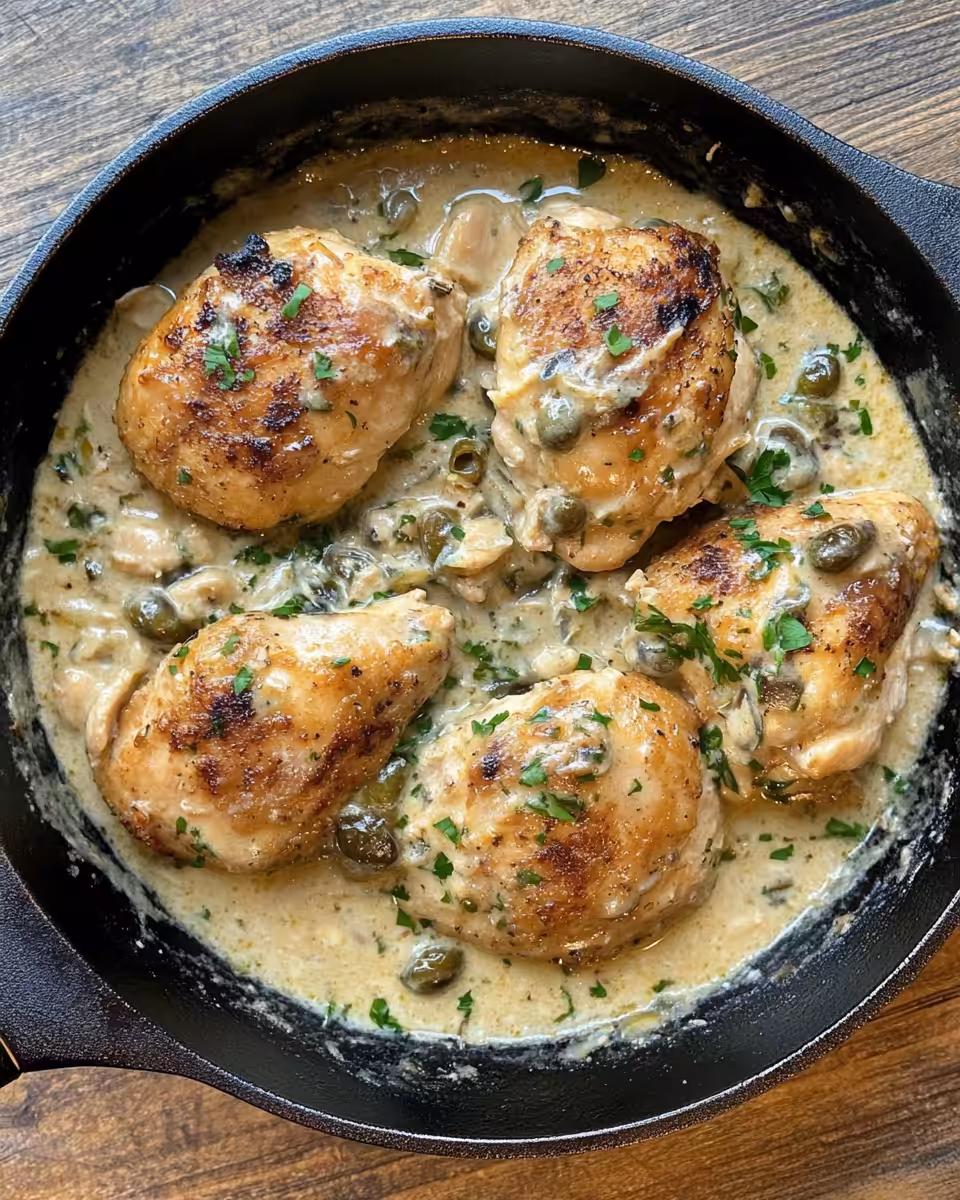 Plated creamy pepperoncini chicken with fresh parsley garnish