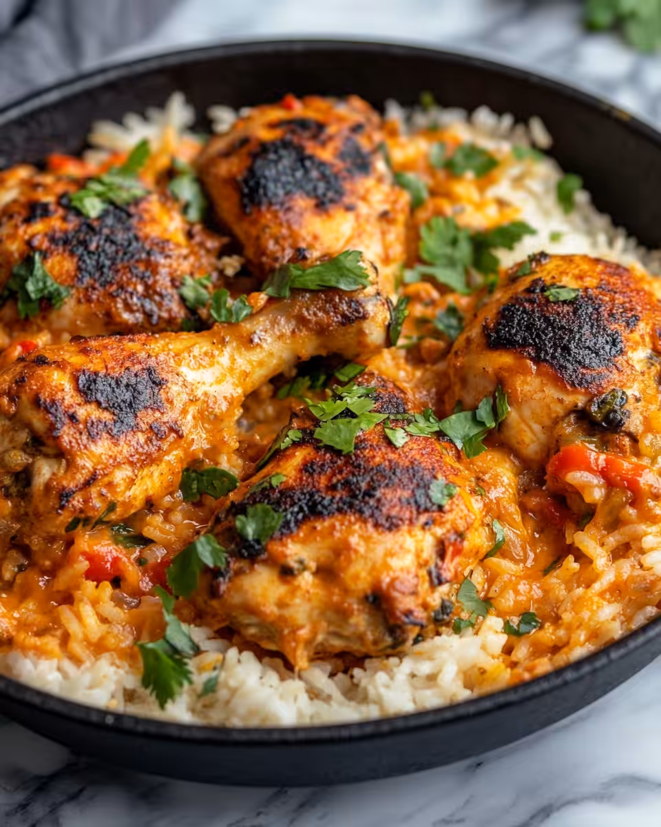Final creamy peri peri chicken served over jasmine rice with green onions