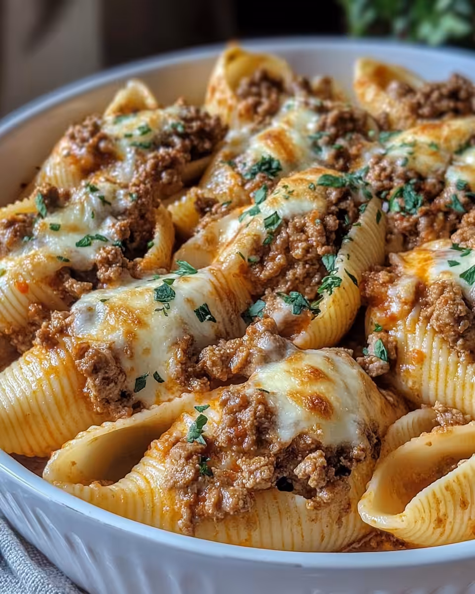 Bubbly cheesy beef stuffed shells fresh out of the oven