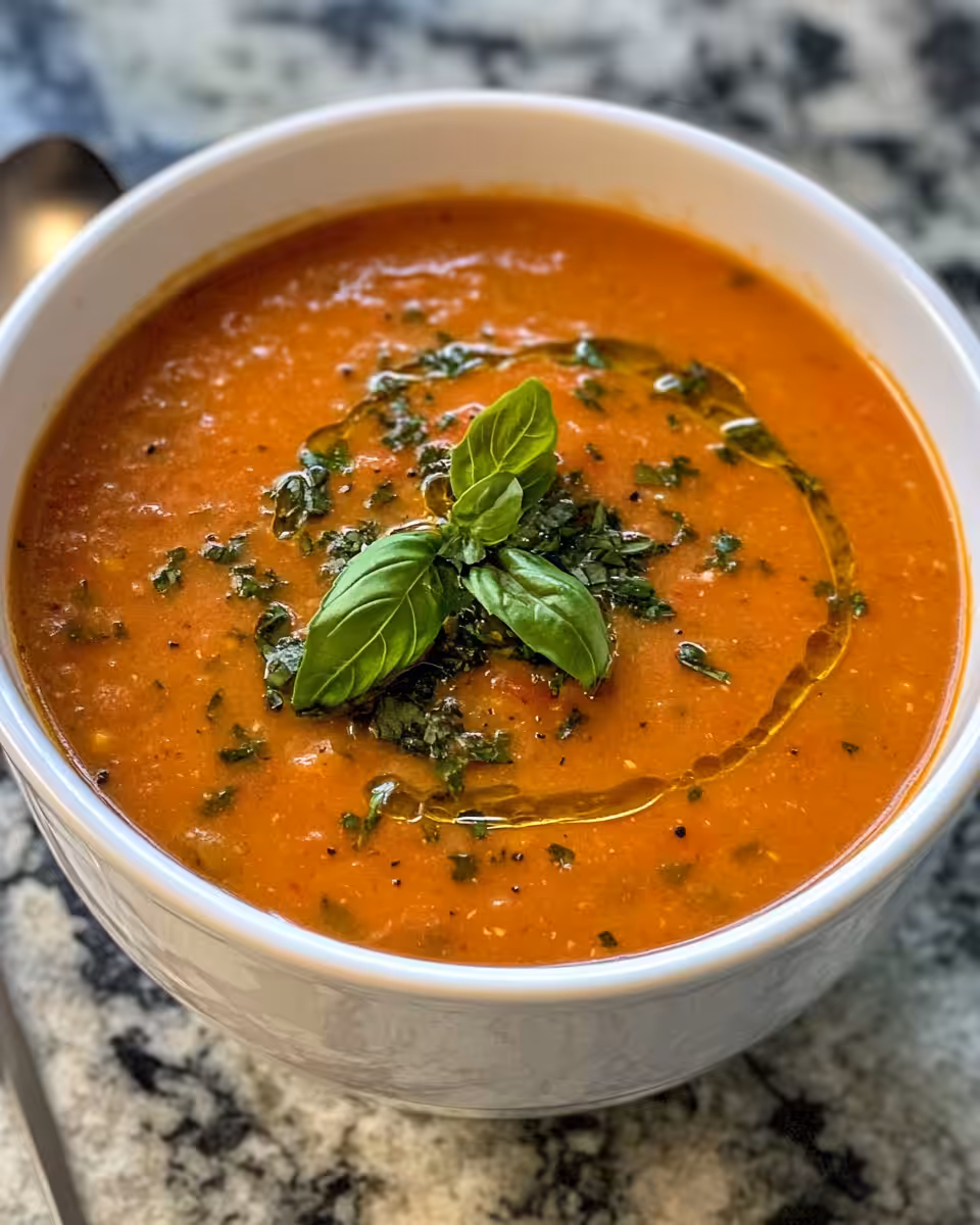 Fresh ingredients for roasted tomato and garlic soup prepared on countertop