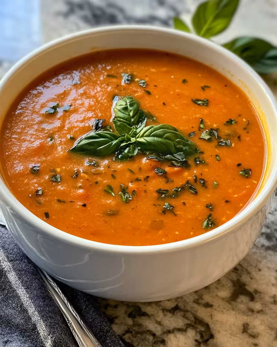 Creamy roasted tomato and garlic soup served in bowl with garnish