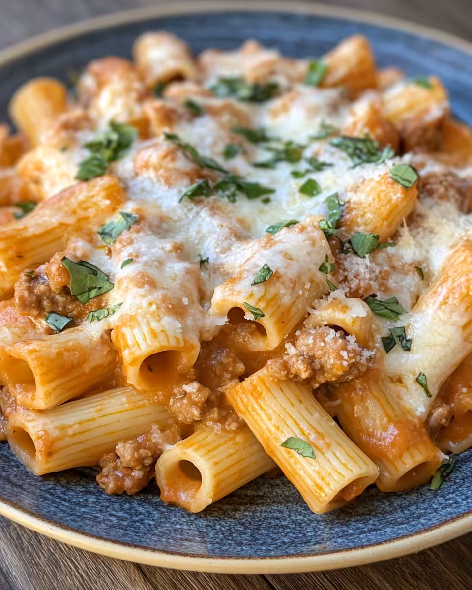 Creamy sausage rigatoni plated and ready to eat